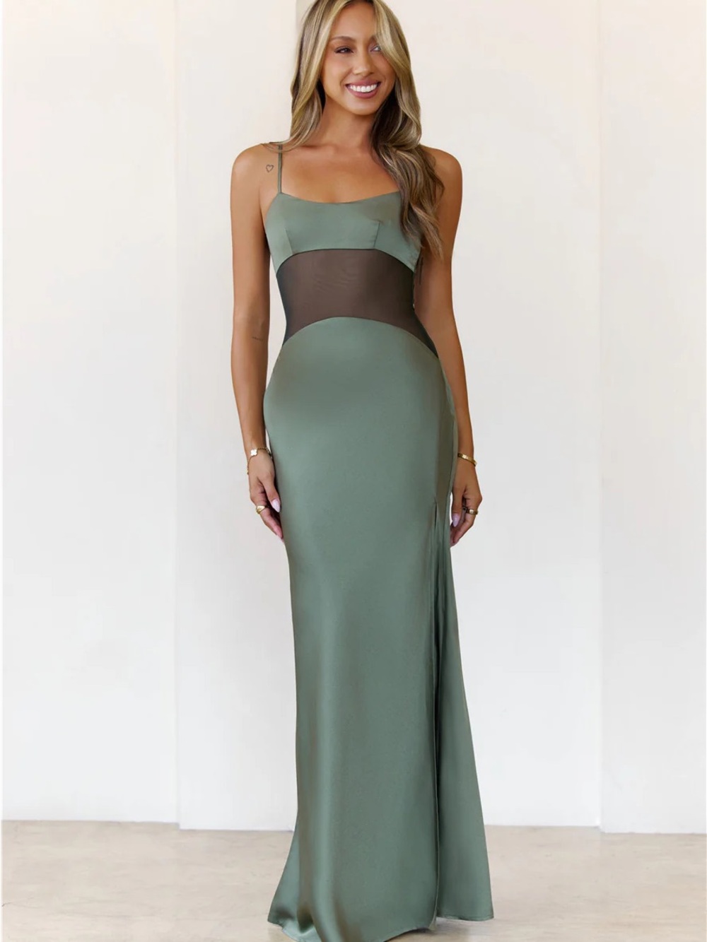 Hello Molly Olive Satin Maxi Dress with Black Mesh Waistband - Picture 3 of 6